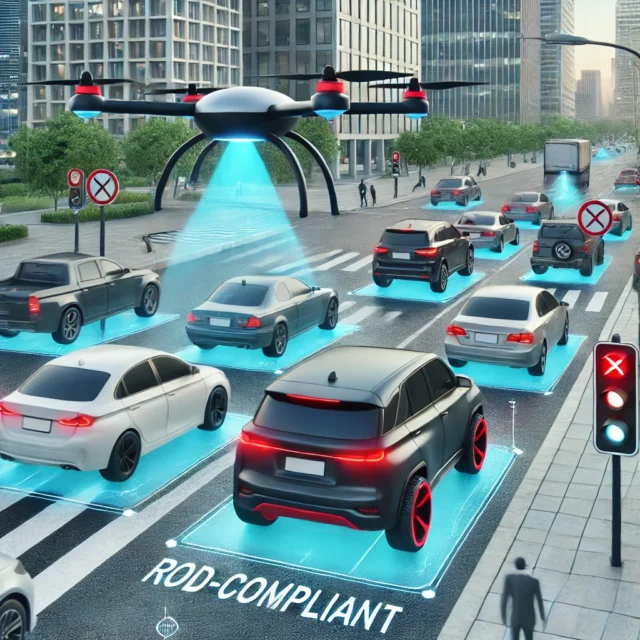 DALL·E 2025-02-02 08.50.58 - A modern city street where drones are scanning cars for insurance, roadworthiness, and tax compliance. Some vehicles are highlighted in red as non-com