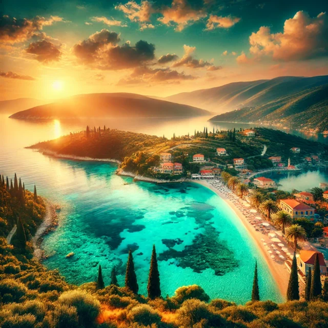 DALL·E 2025-02-02 22.31.38 - A breathtaking view of Kefalonia, Greece, featuring crystal-clear turquoise waters, lush green hills, and charming coastal villages. The image should