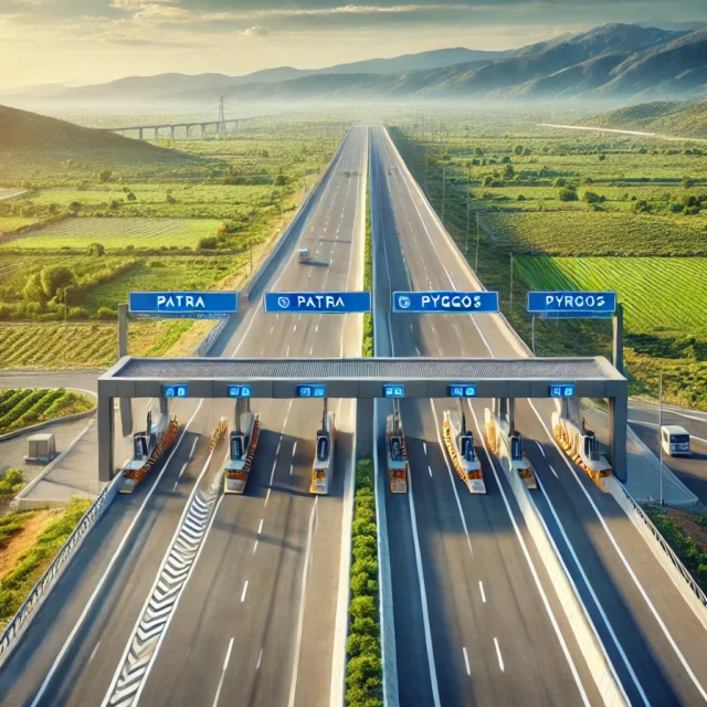 DALL·E 2025-02-09 09.24.31 - A newly constructed highway with a modern design, featuring two wide lanes in each direction, without toll booths along the road. The landscape is sun