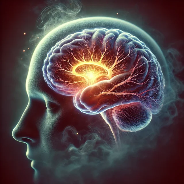 DALL·E 2025-03-15 08.14.14 - A dramatic medical illustration of a human brain with highlighted olfactory bulb, representing the sense of smell. A subtle, mysterious fog surrounds