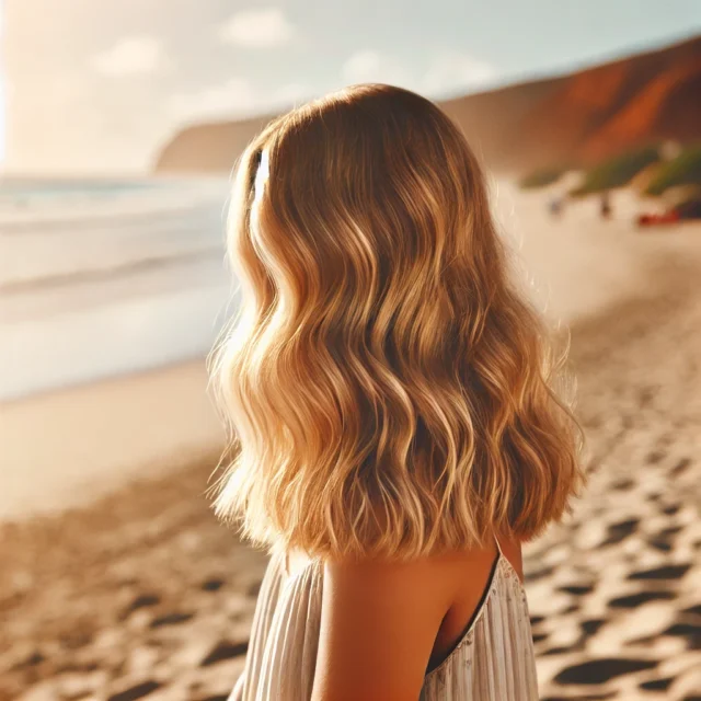 DALL·E 2025-03-21 19.43.32 - A woman standing on a sunny beach with sandy blonde hair that glows naturally under the sunlight. Her hair has soft, natural waves and a sun-kissed ef